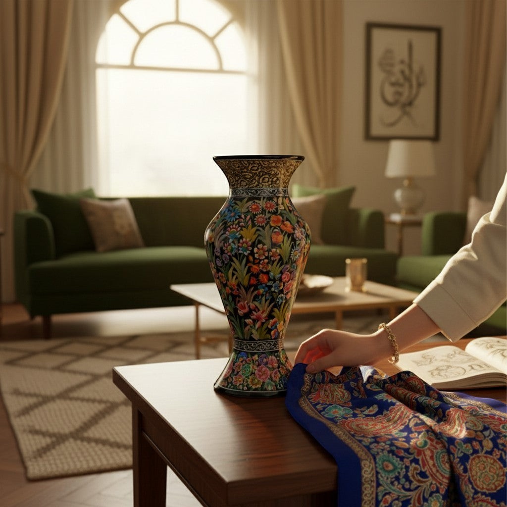 Noori Couture hand-painted paper mâché vase with intricate floral patterns in vibrant colors, set in a luxury living room.