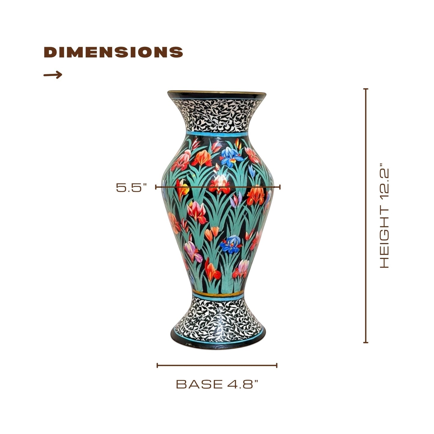 Noori Couture hand-painted paper mâché vase with green grass style base, vibrant floral details, and black and white ornamental borders.