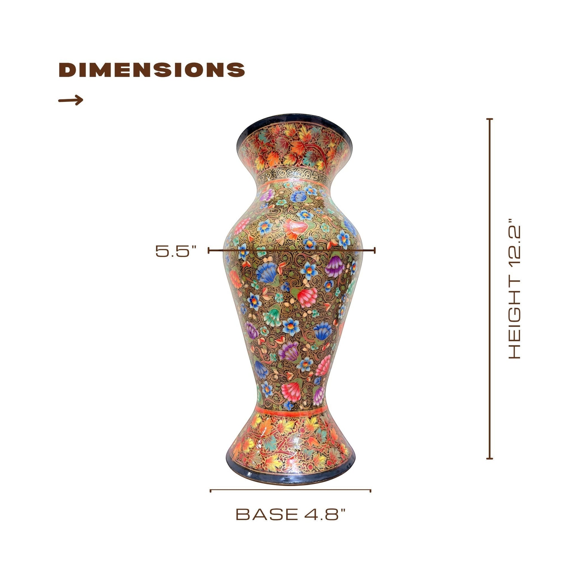 Noori Couture hand-painted floral decorative vase in green with colorful floral motifs and gold accents. Curved silhouette.