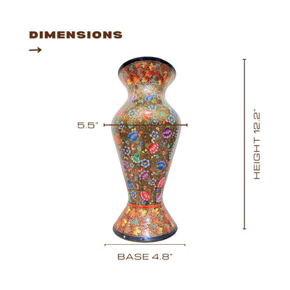 Noori Couture hand-painted floral decorative vase in green with colorful floral motifs and gold accents. Curved silhouette.