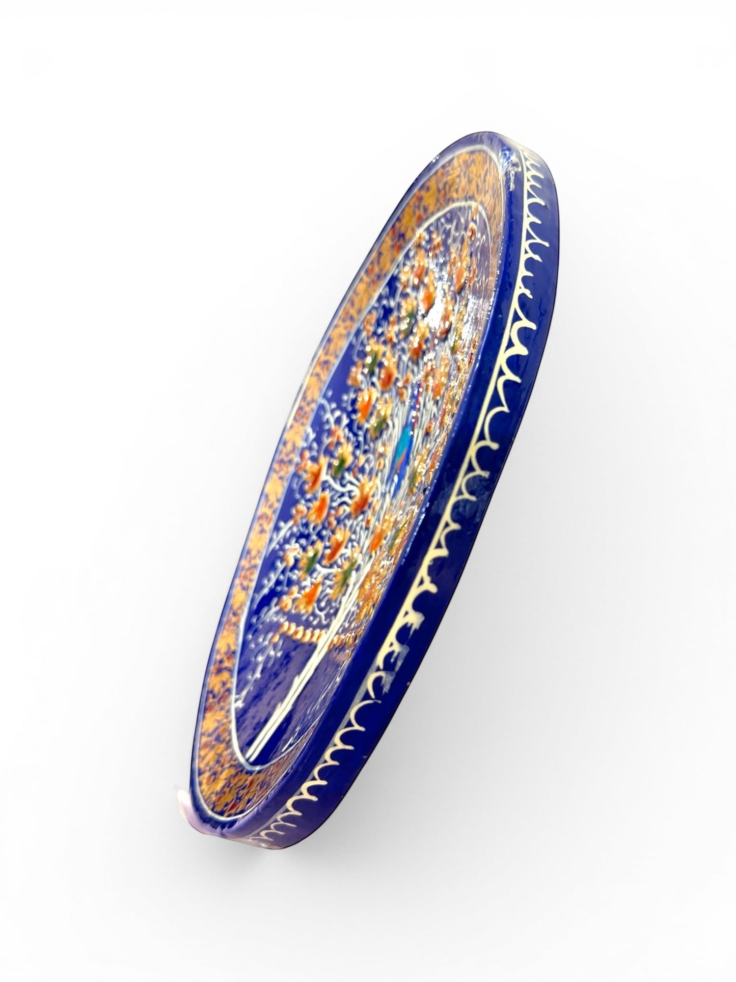 Noori Couture handpainted papier-mâché coaster with Tree of Life motif, deep blue, orange, green, and gold.