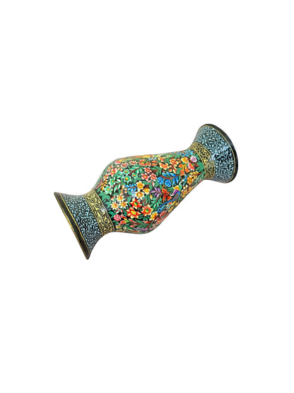 Noori Couture hand-painted paper mâché art vase with intricate floral patterns in green, orange, and blue. Limited edition collectible.