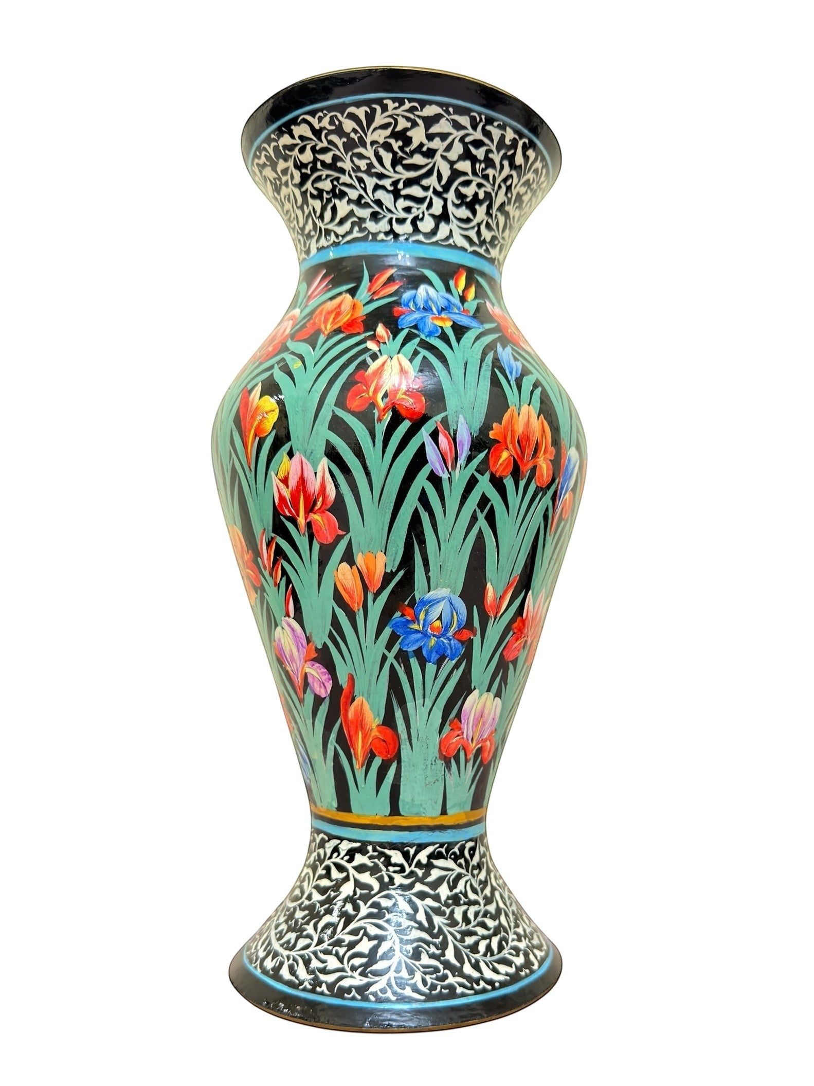 Noori Couture hand-painted paper mâché vase with green grass base, vibrant floral motifs, and black and white ornamental borders.