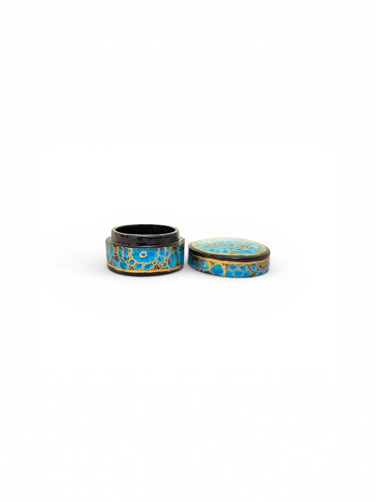 Noori Couture handpainted papier-mâché keepsake box with blue floral design and gold accents. Red interior.