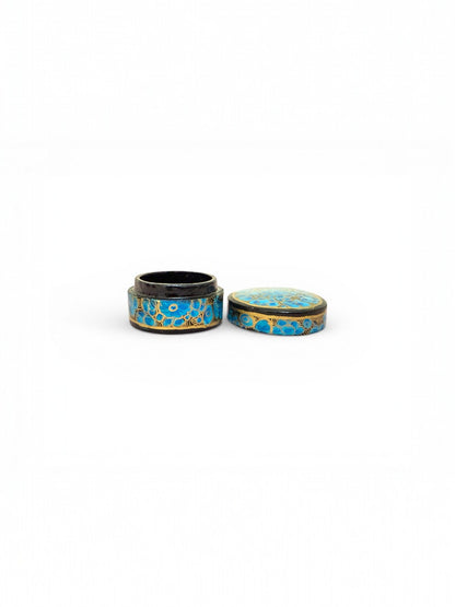 Noori Couture handpainted papier-mâché keepsake box with blue floral design and gold accents. Red interior.