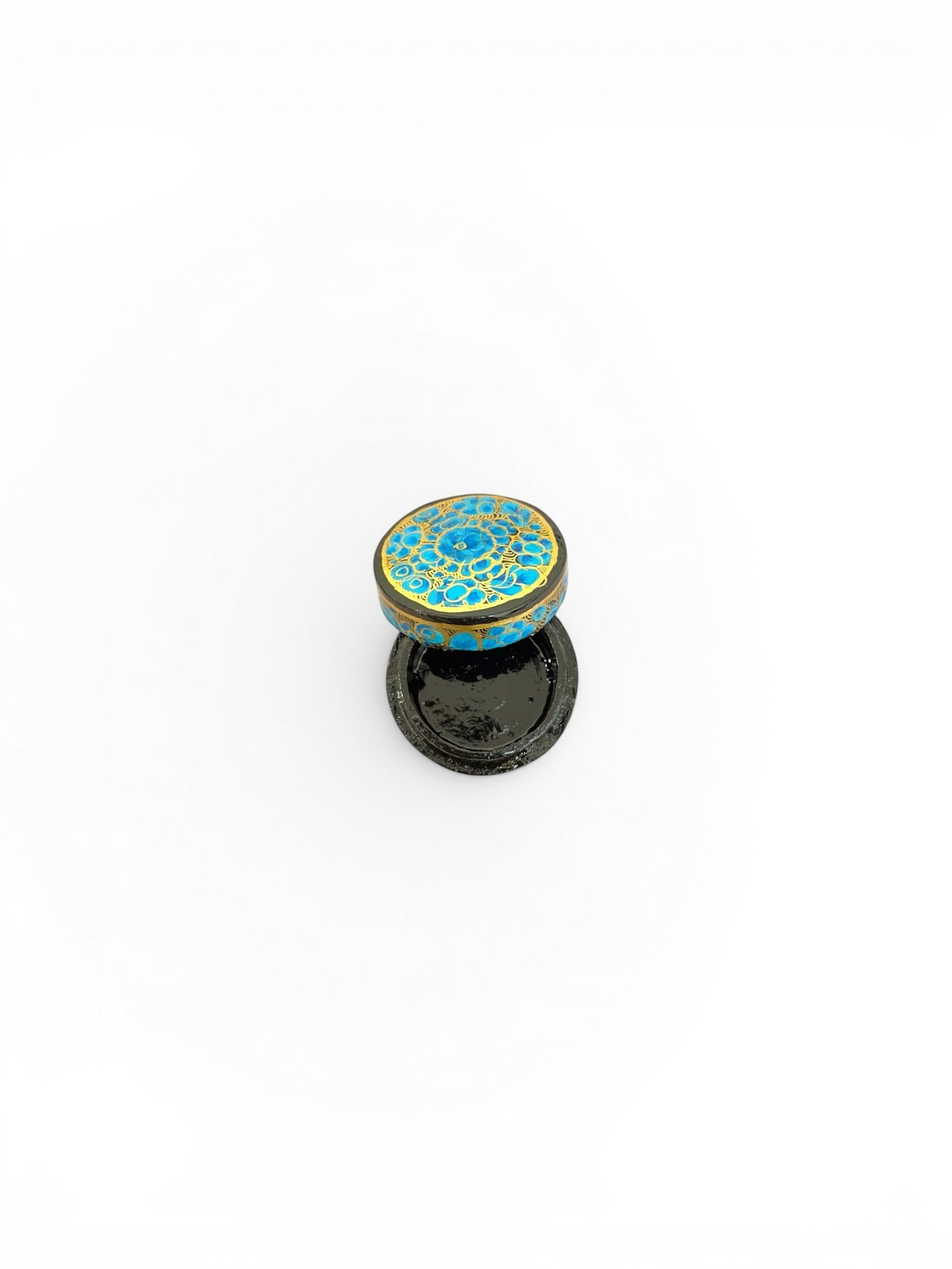Noori Couture handpainted papier-mâché keepsake box with intricate blue floral design and gold trim on a black base.