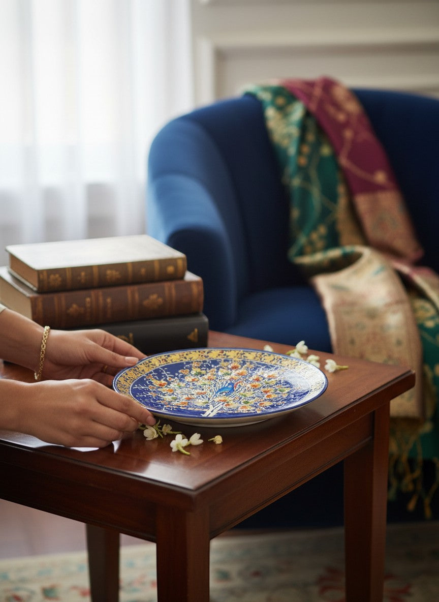 Noori Couture handpainted papier-mâché decorative plate with a peacock and Tree of Life motif on a deep blue background with gold accents.