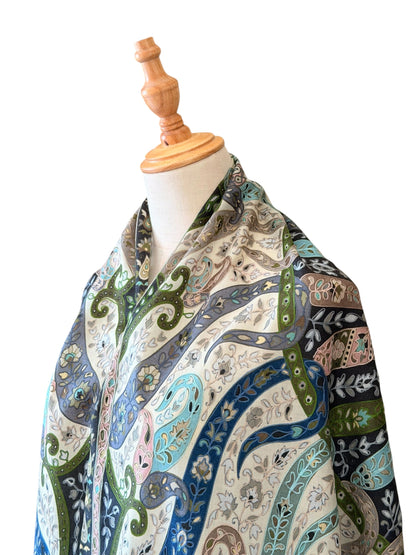 Noori Couture handwoven black Merino wool shawl with intricate hand-painted Kalamkari patterns and silk embroidery.