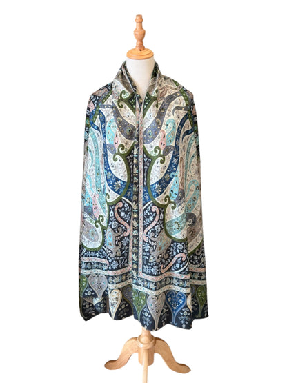 Noori Couture handwoven black Merino wool shawl with intricate hand-painted Kalamkari patterns and silk embroidery.