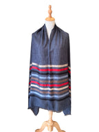 Noori Couture handwoven modal shawl in black and red with multi-colored stripes and a soft bamboo silk drape.