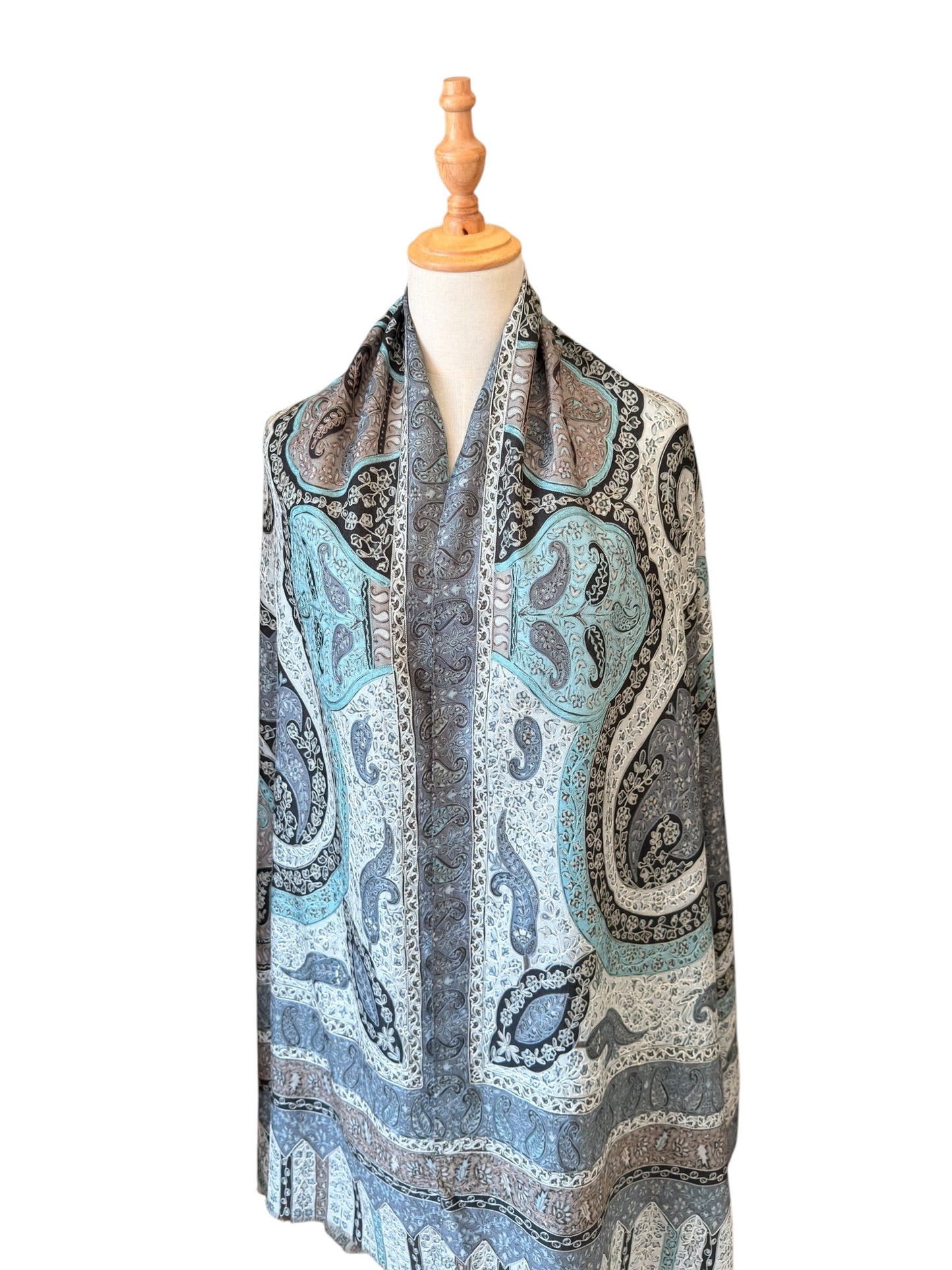 Noori Couture silver blue handwoven merino wool shawl with intricate hand-painted Kalamkari motifs and silk embroidery.