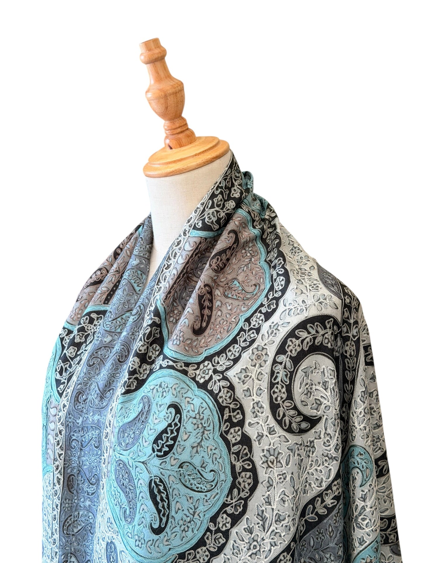 Noori Couture silver blue handwoven merino wool shawl with intricate hand-painted Kalamkari motifs and silk embroidery.