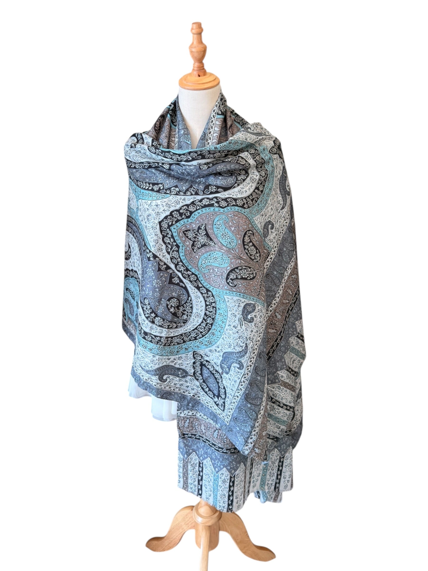Noori Couture silver blue handwoven merino wool shawl with intricate hand-painted Kalamkari motifs and silk embroidery.