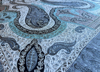 Noori Couture silver blue handwoven Kalamkari shawl with intricate hand-painted motifs and detailed silk embroidery.
