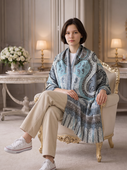 Noori Couture silver blue handwoven Kalamkari merino wool shawl with intricate silk embroidery worn by a woman.