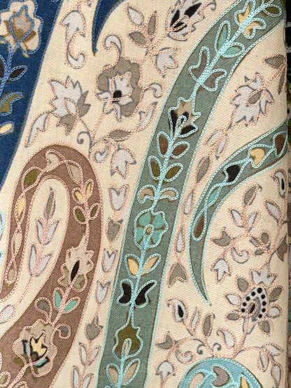 Noori Couture handwoven Kalamkari shawl in black merino wool with intricate hand-painted floral and silk embroidery