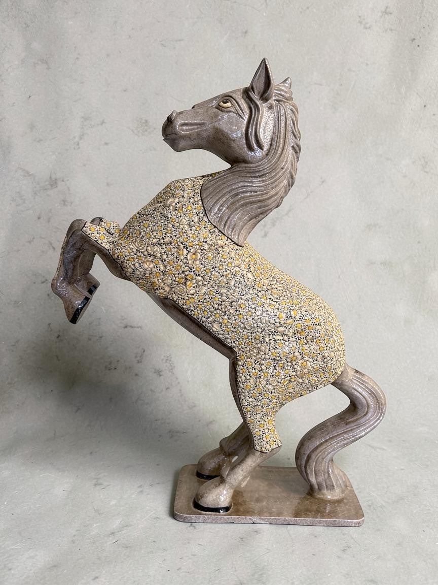 Noori Couture hand-painted Kashmiri papier-mache rearing horse sculpture with a floral Hazara pattern saddle.