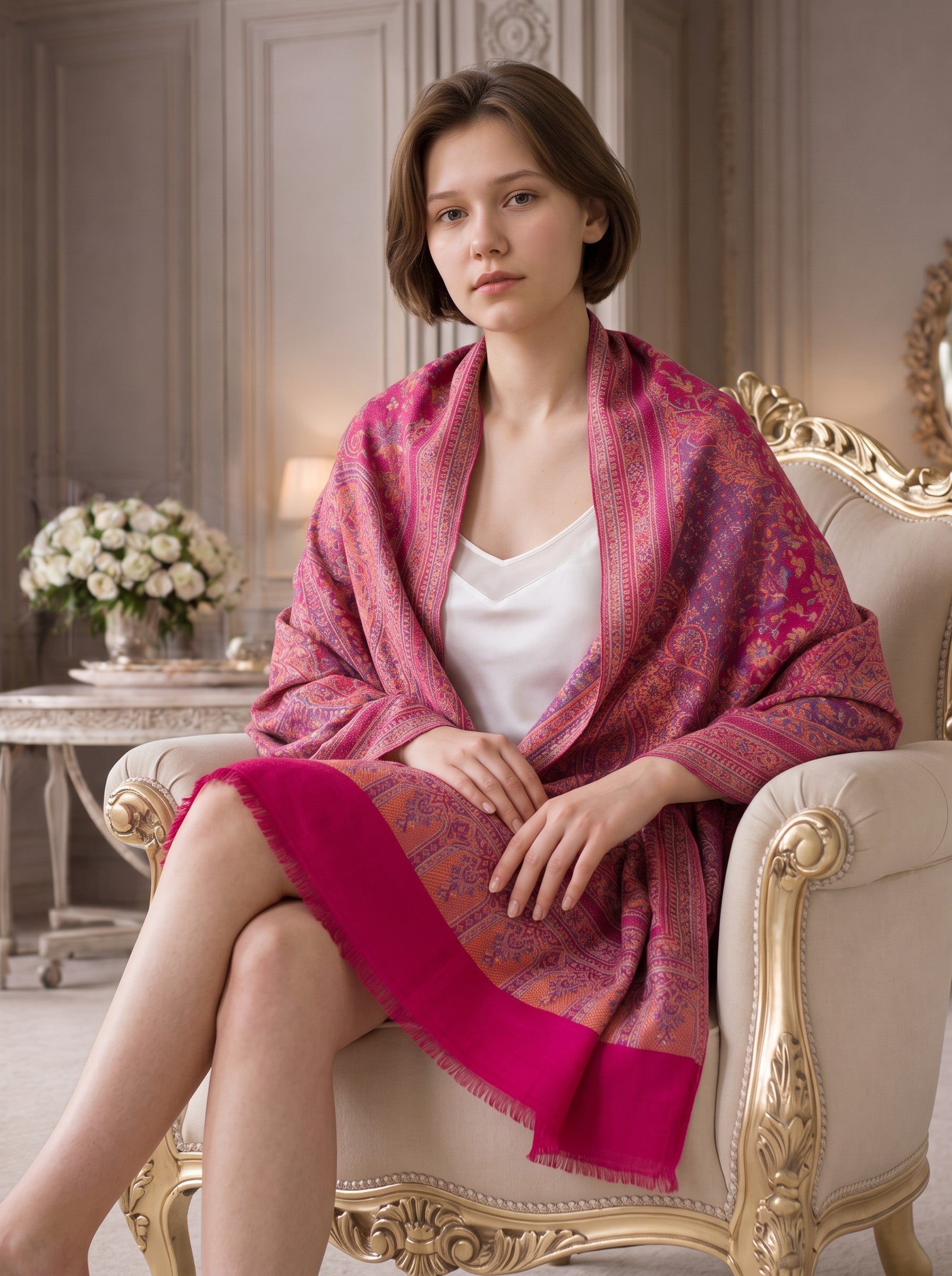 Noori Couture magenta pashmina shawl with traditional paisley pattern and fringe, draped over a woman in a classic chair.