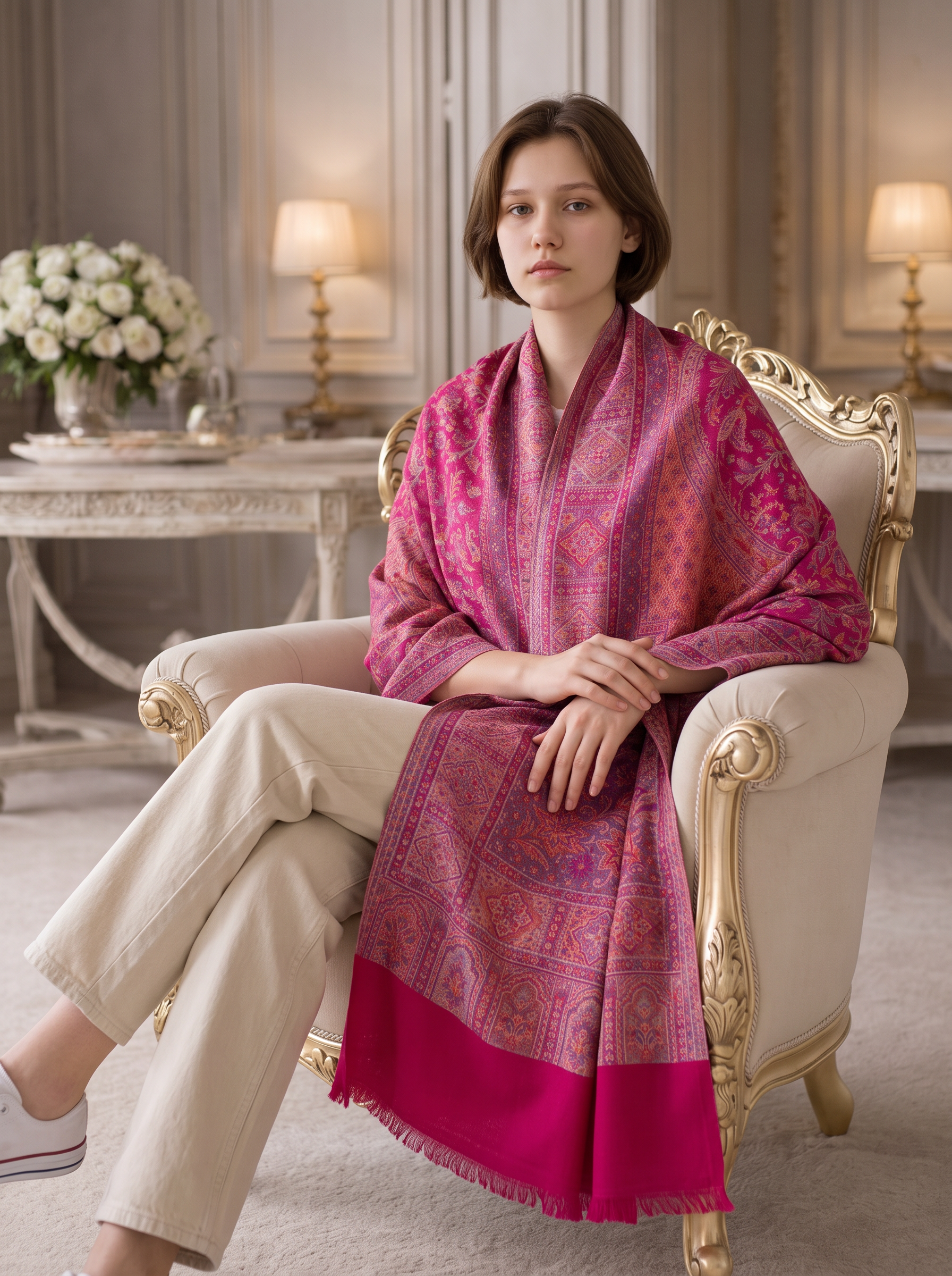 Noori Couture magenta pink cotton and wool shawl with intricate traditional patterns and fringe, worn by a woman.