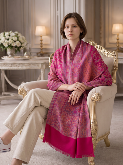 Noori Couture magenta pink cotton and wool shawl with intricate traditional patterns and fringe, worn by a woman.