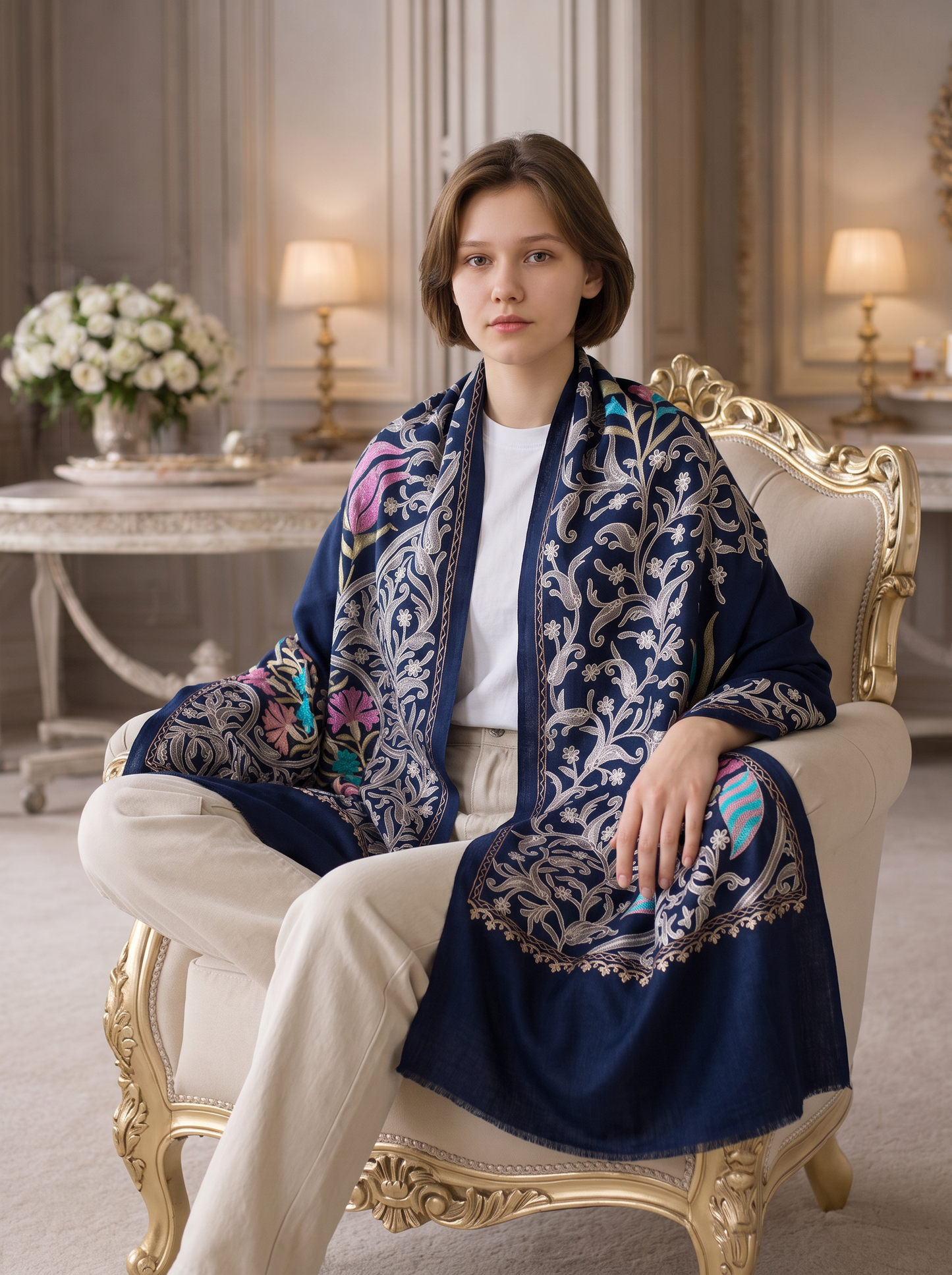 Noori Couture handwoven Montana Blue wool shawl with intricate multi-colored silk floral embroidery worn by a woman.