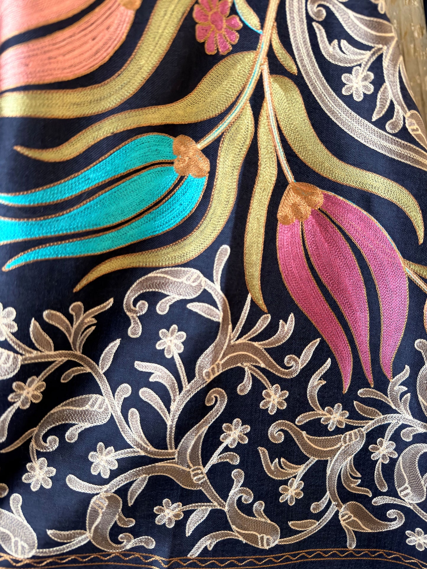 Noori Couture Montana Blue wool shawl with intricate handwoven silk floral embroidery and traditional Nalki detailing.