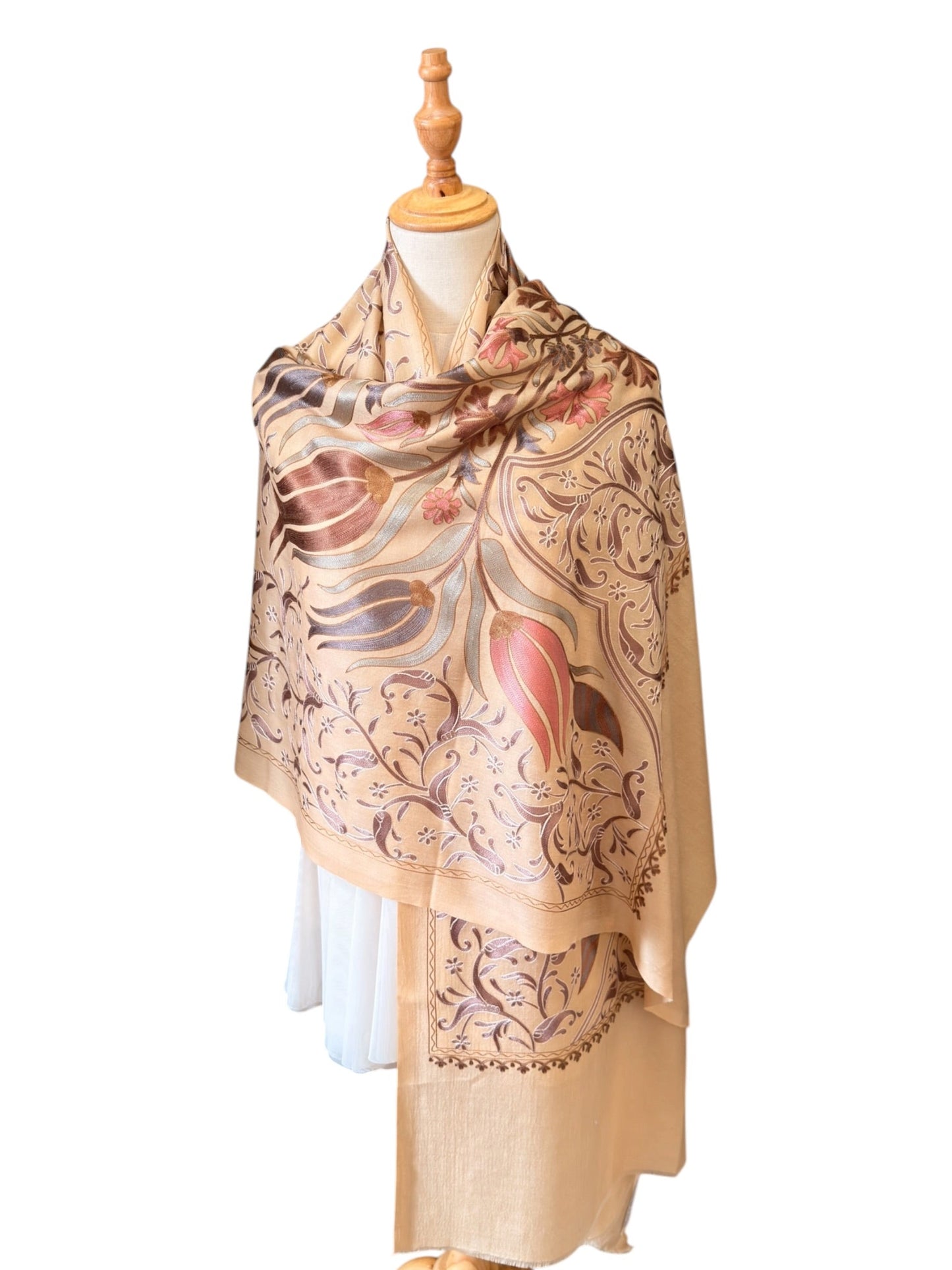 Noori Couture coffee-coloured handwoven Nalki Jamawar shawl with intricate floral silk embroidery on fine wool