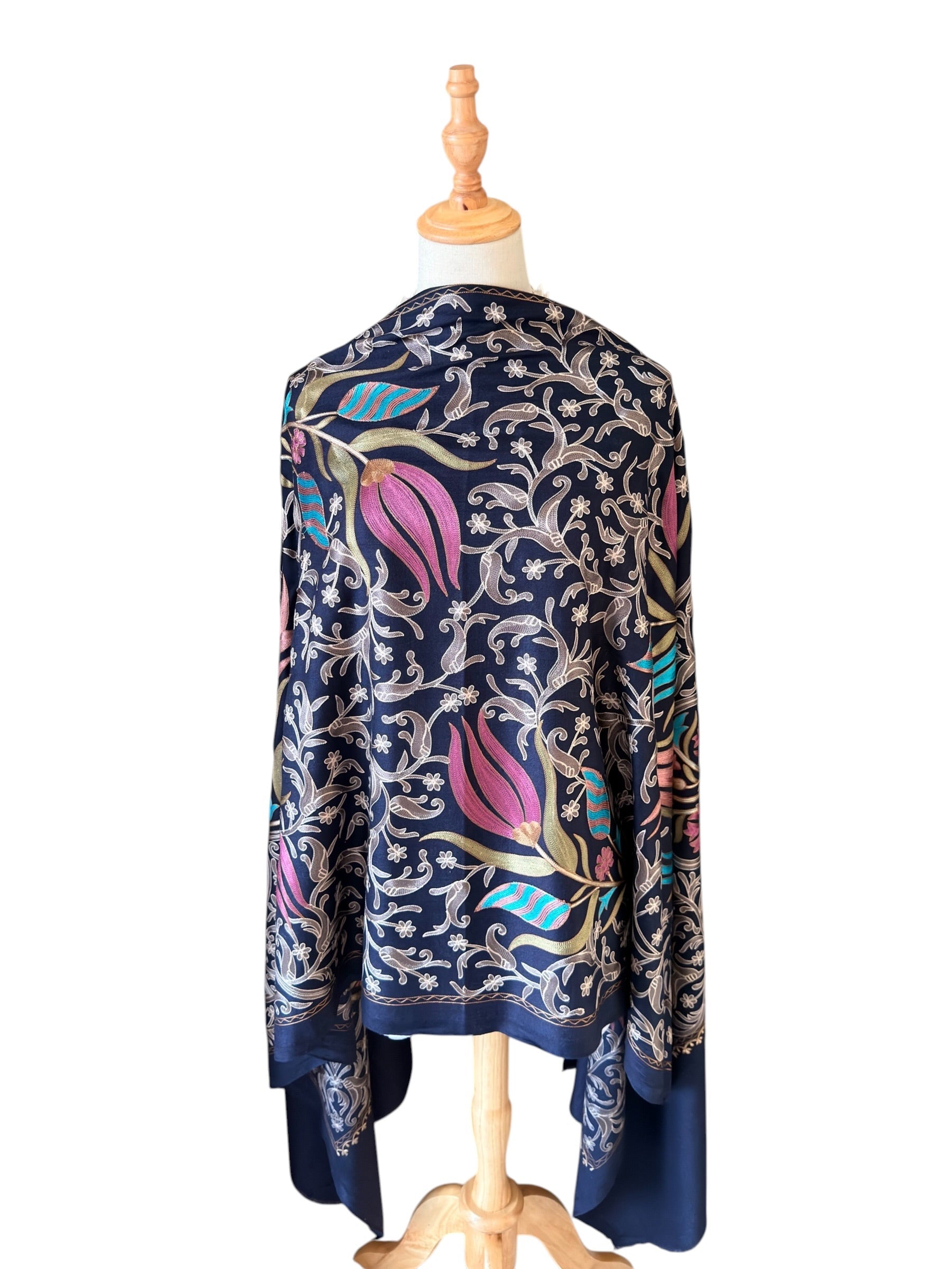 Noori Couture handwoven Montana Blue wool shawl with intricate multi-colored silk floral and vine embroidery