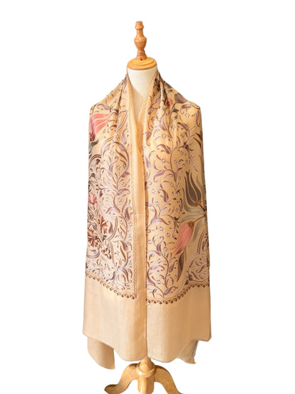 Noori Couture handwoven coffee-colored Nalki Jamawar shawl with intricate silk floral embroidery on fine wool fabric.