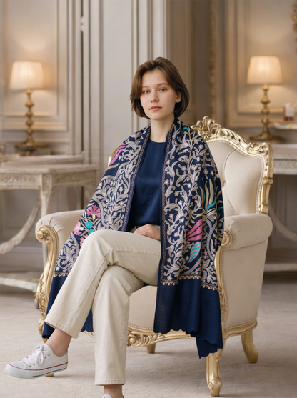 Noori Couture handwoven Montana Blue wool shawl with intricate multi-colored silk floral embroidery draped on a model