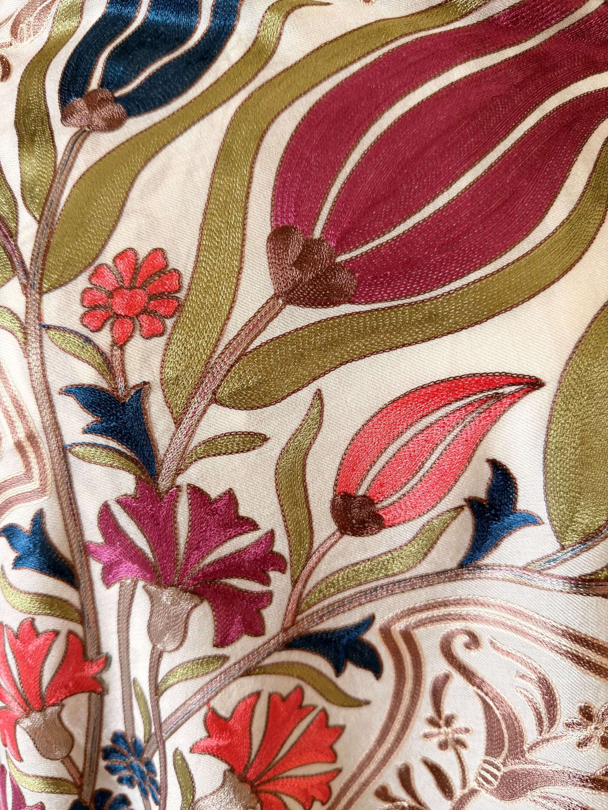 Noori Couture cream handwoven Nalki Jamawar shawl featuring intricate floral silk embroidery in vibrant colors.
