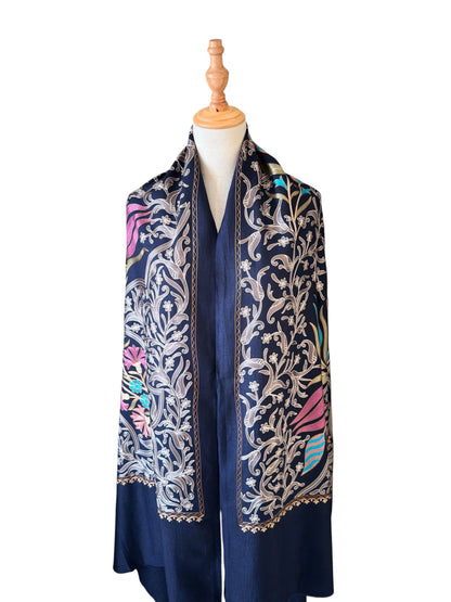 Noori Couture Montana Blue handwoven Nalki Jamawar shawl with intricate floral silk embroidery on a wool base.