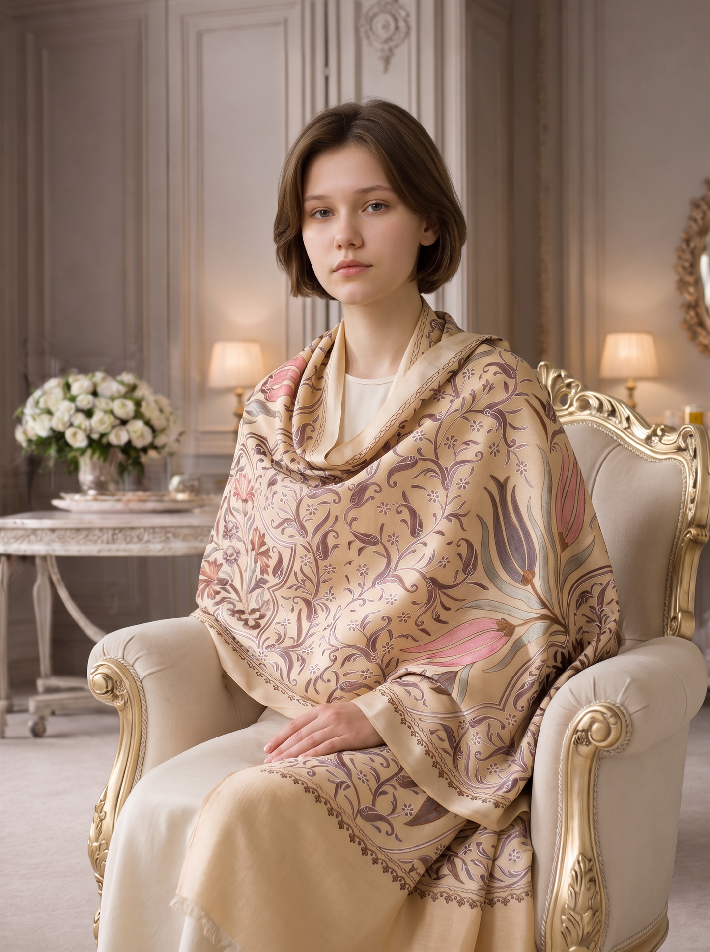 Noori Couture handwoven coffee-coloured Nalki Jamawar shawl with intricate silk floral embroidery draped on a woman.