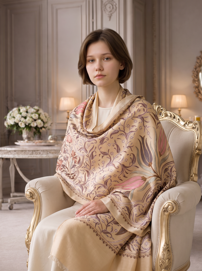 Noori Couture handwoven coffee-coloured Nalki Jamawar shawl with intricate silk floral embroidery draped on a woman.