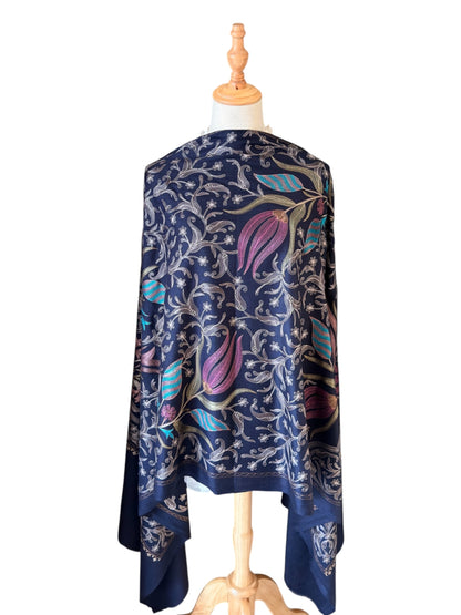 Noori Couture Montana Blue handwoven Nalki Jamawar shawl with intricate multi-colored silk floral embroidery