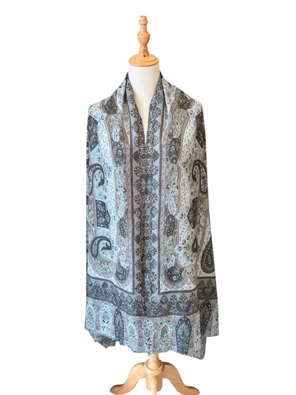 Noori Couture olive handwoven Kalamkari shawl in Merino wool and silk with intricate hand-painted floral patterns.