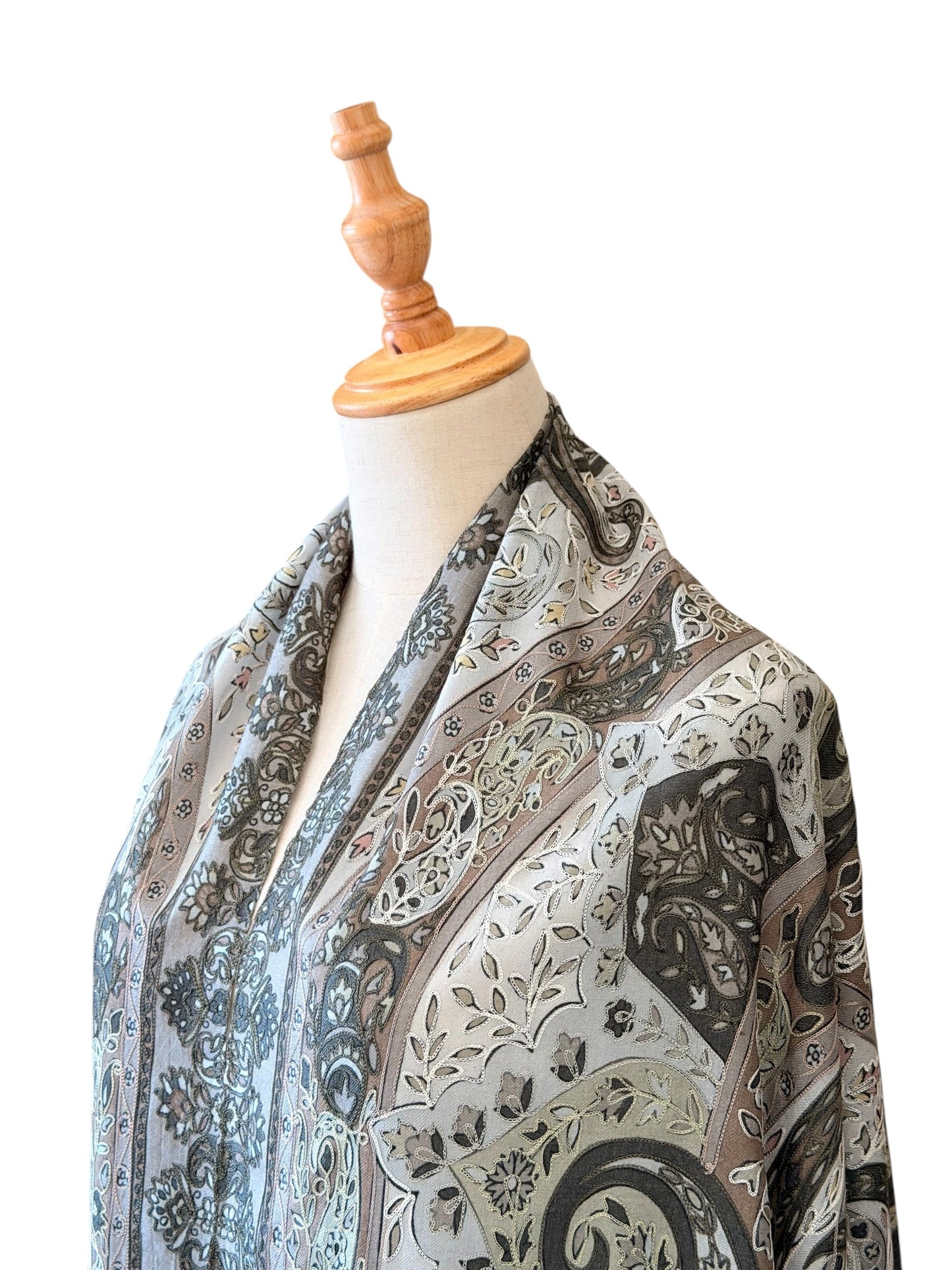 Noori Couture olive handwoven Kalamkari shawl in Merino wool and silk with intricate hand-painted floral patterns.