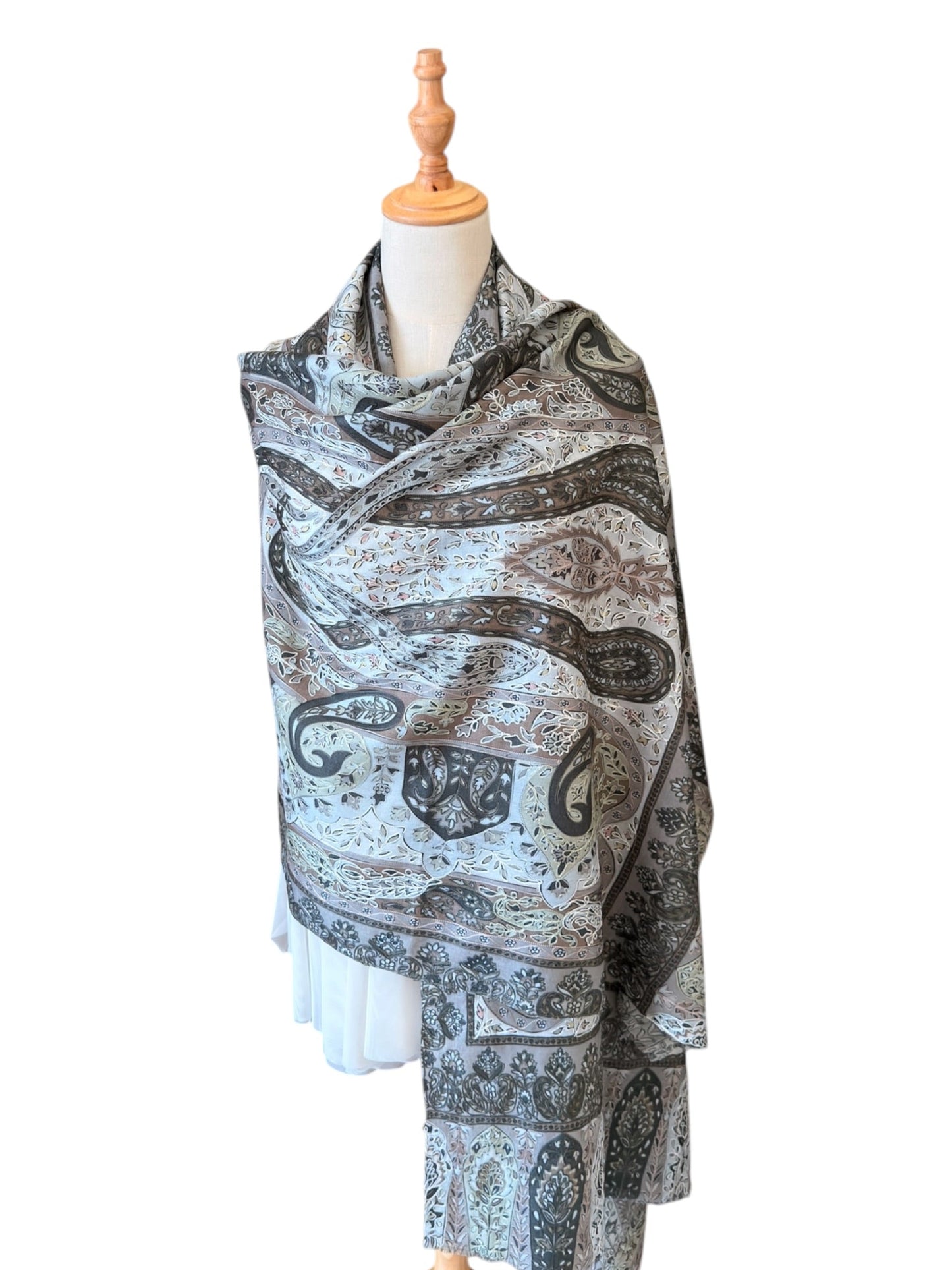 Noori Couture olive handwoven Merino wool shawl with intricate hand-painted Kalamkari patterns and silk embroidery.