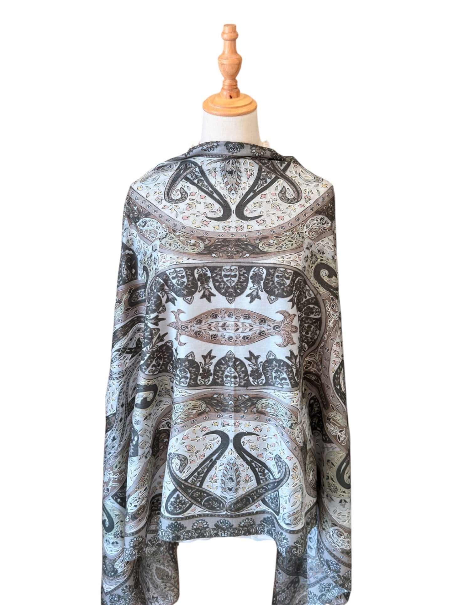 Noori Couture olive handwoven Kalamkari shawl in Merino wool and silk with intricate hand-painted floral patterns.