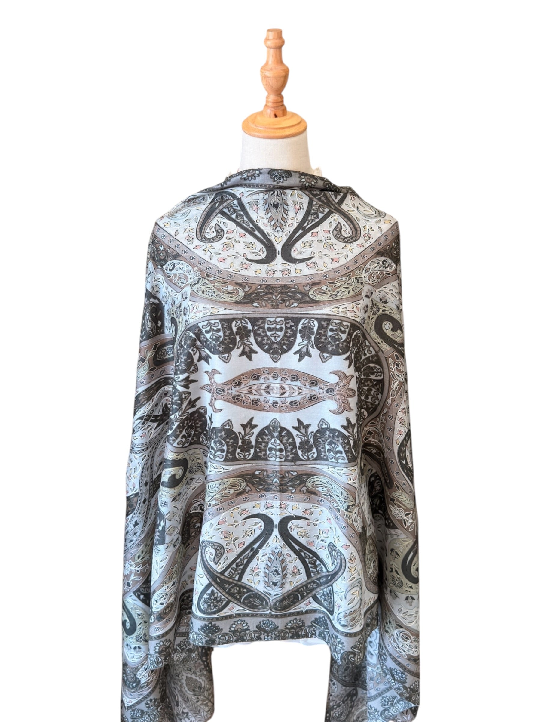 Noori Couture olive handwoven Kalamkari shawl in Merino wool and silk with intricate hand-painted floral patterns.
