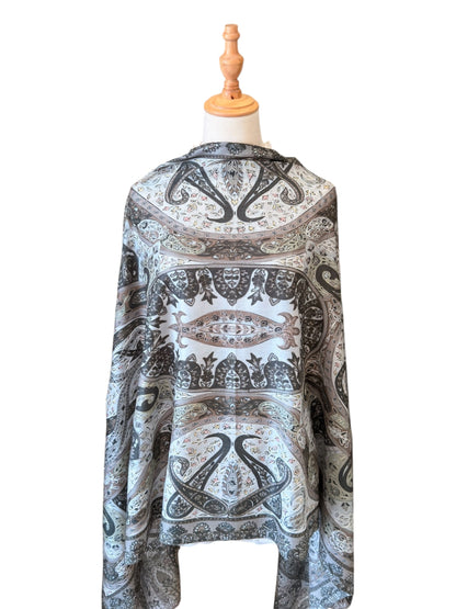 Noori Couture olive handwoven Kalamkari shawl in Merino wool and silk with intricate hand-painted floral patterns.