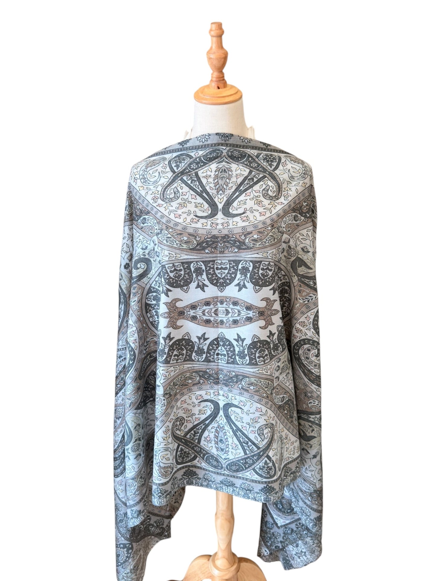 Noori Couture olive handwoven Kalamkari shawl in Merino wool and silk with intricate hand-painted floral patterns.