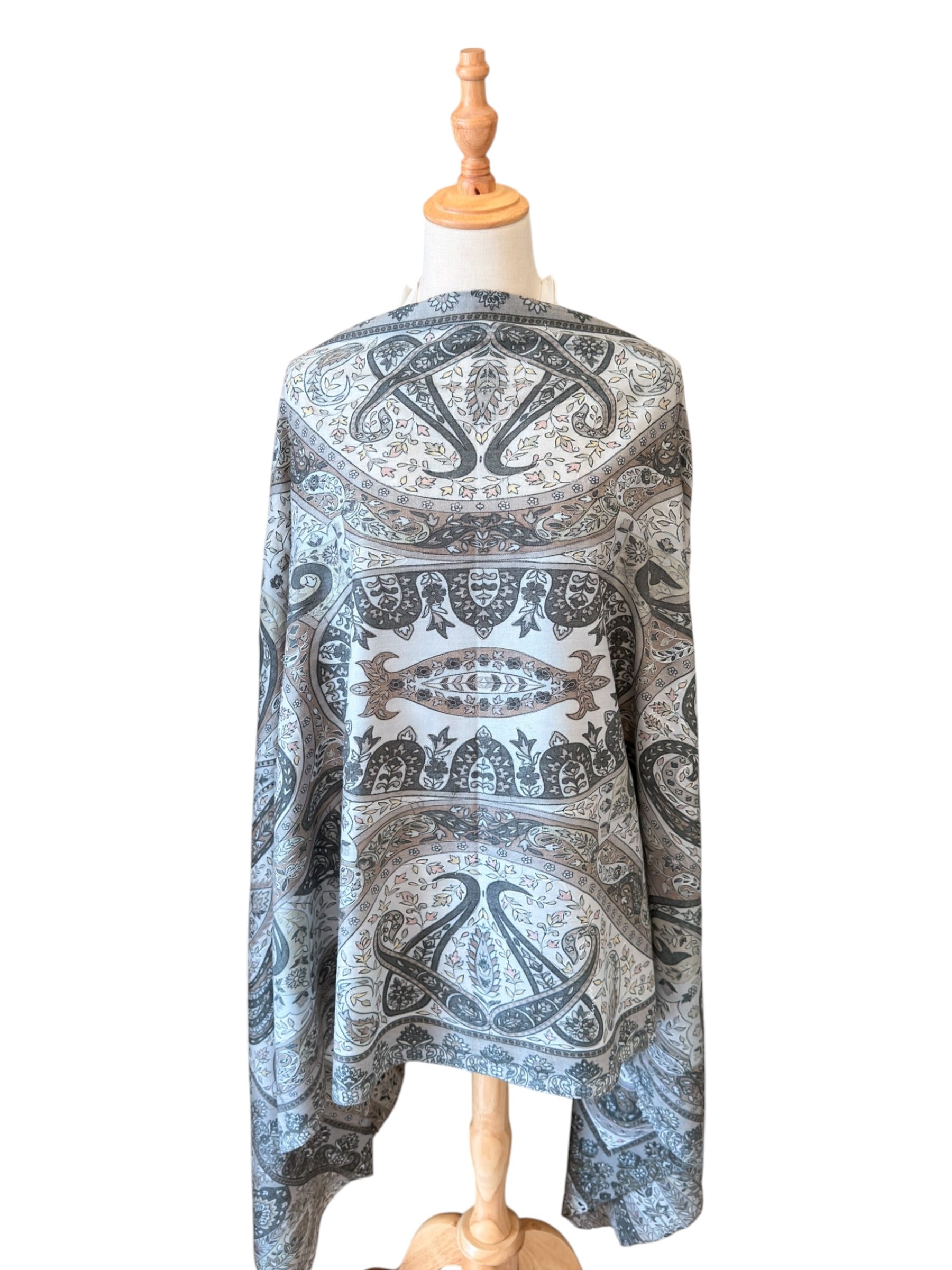 Noori Couture olive handwoven Kalamkari shawl in Merino wool and silk with intricate hand-painted floral patterns.