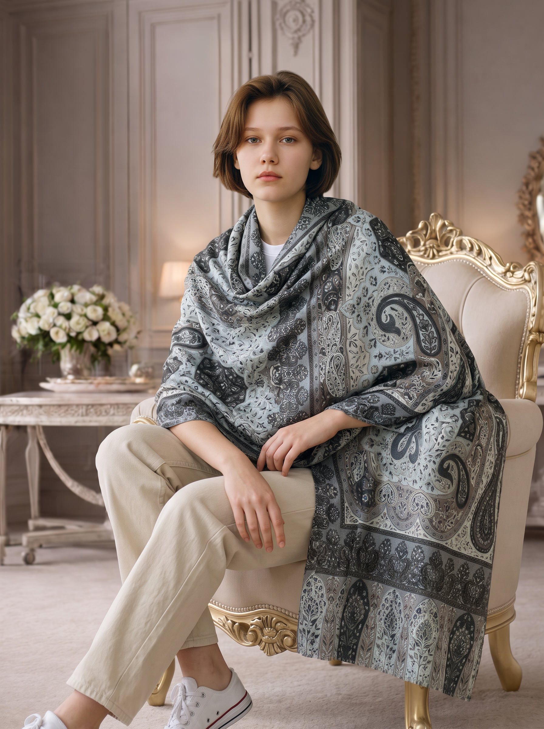 Noori Couture olive handwoven Kalamkari shawl with intricate silk embroidery draped over a woman in a classic room.