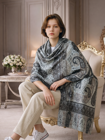 Noori Couture olive handwoven Kalamkari shawl with intricate silk embroidery draped over a woman in a classic room.
