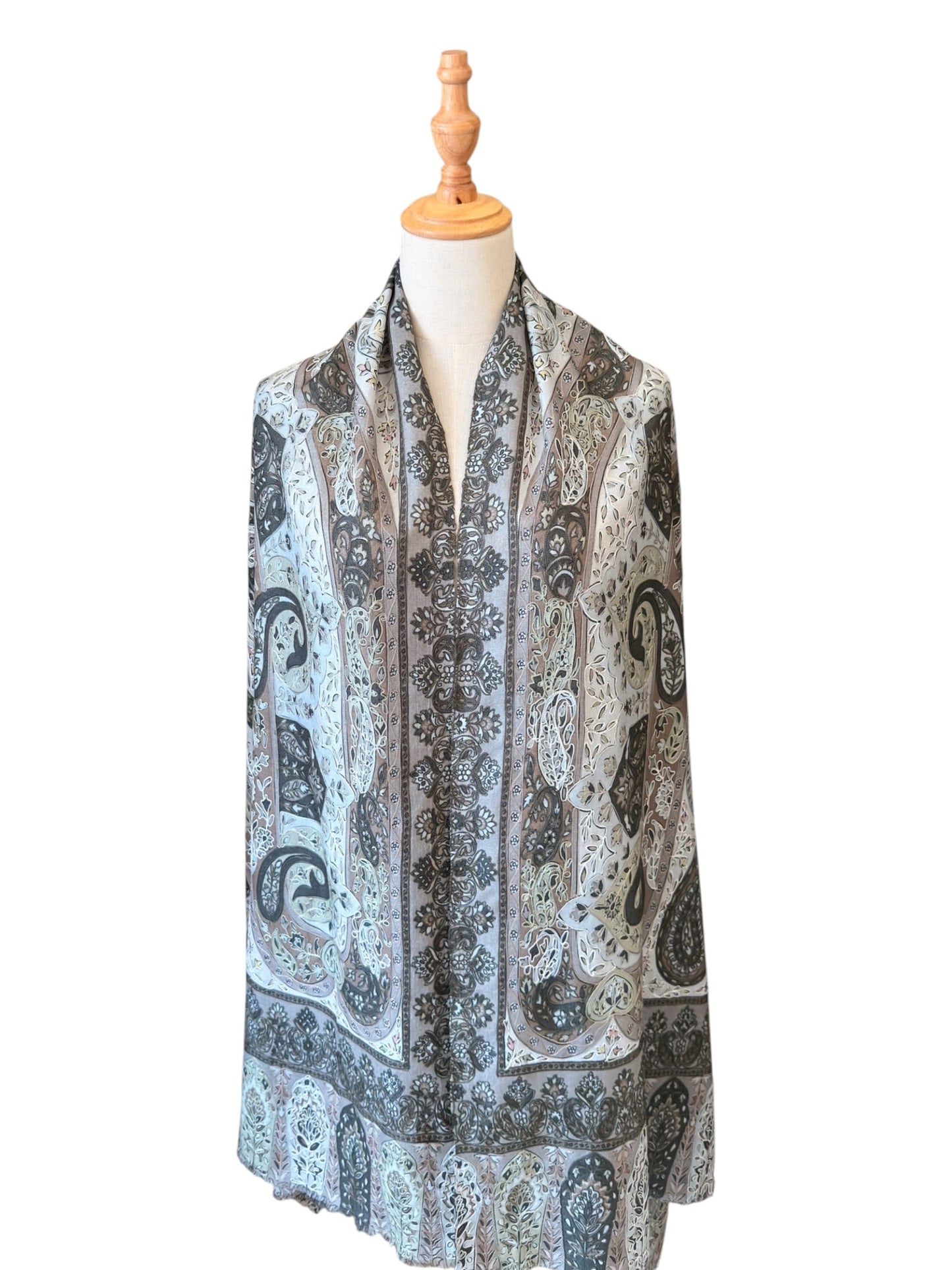 Noori Couture olive handwoven merino wool and silk shawl with intricate hand-painted Kalamkari paisley patterns.