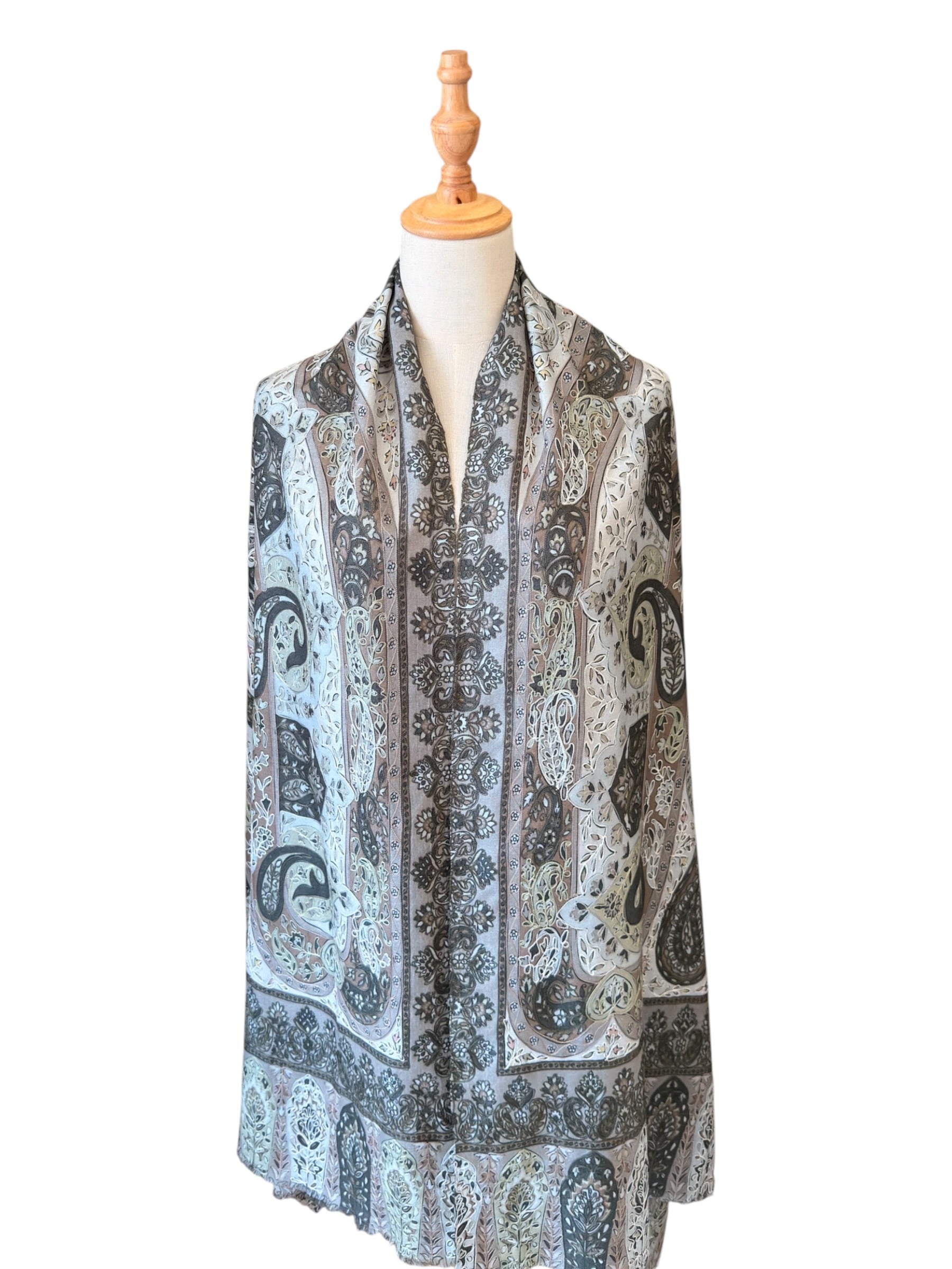 Noori Couture olive handwoven merino wool and silk shawl with intricate hand-painted Kalamkari paisley patterns.