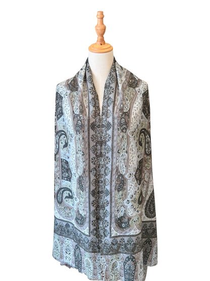 Noori Couture olive handwoven merino wool and silk shawl with intricate hand-painted Kalamkari paisley patterns.