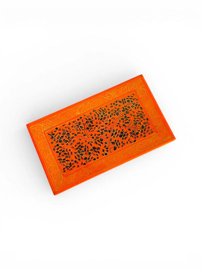Noori Couture orange papier-mâché keepsake box with intricate hand-painted floral design and gold border.