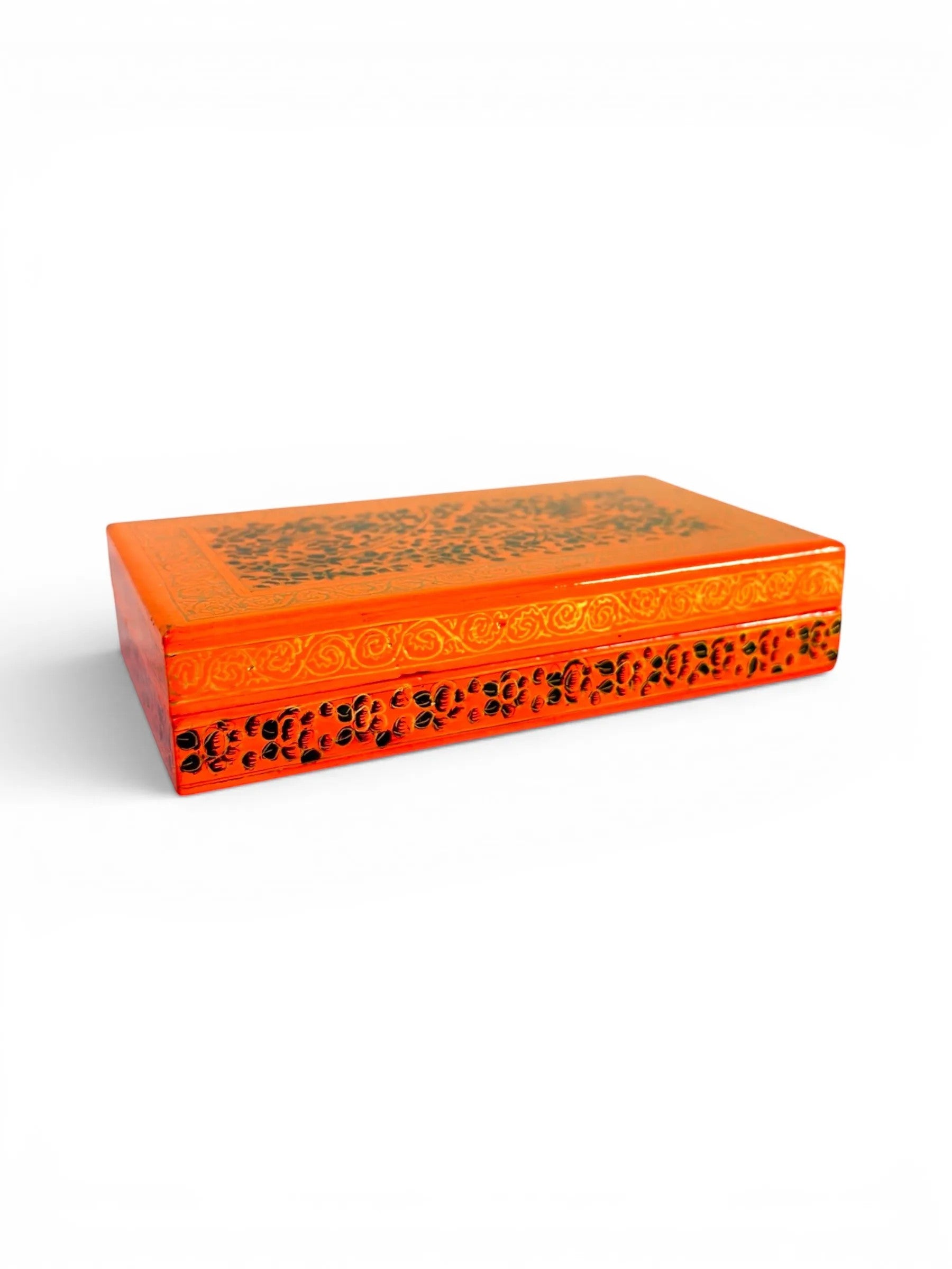 Noori Couture orange papier-mâché keepsake box with hand-painted floral motifs and decorative border.